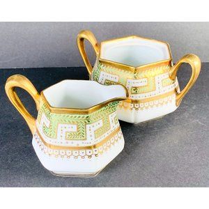 RC NIPPON Antique Sugar Creamer Gold Green Nippon Marked Set